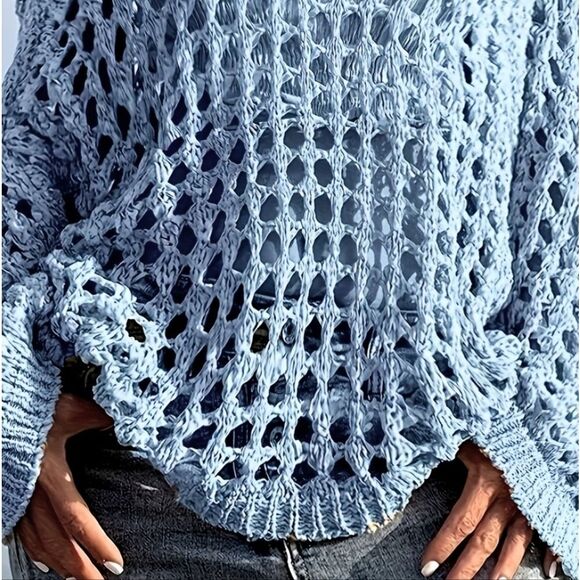 Blue Open-Knit Women's Sweater Crochet Long Sleeve Knit Cover Up Sz S M L XL - Picture 3 of 6